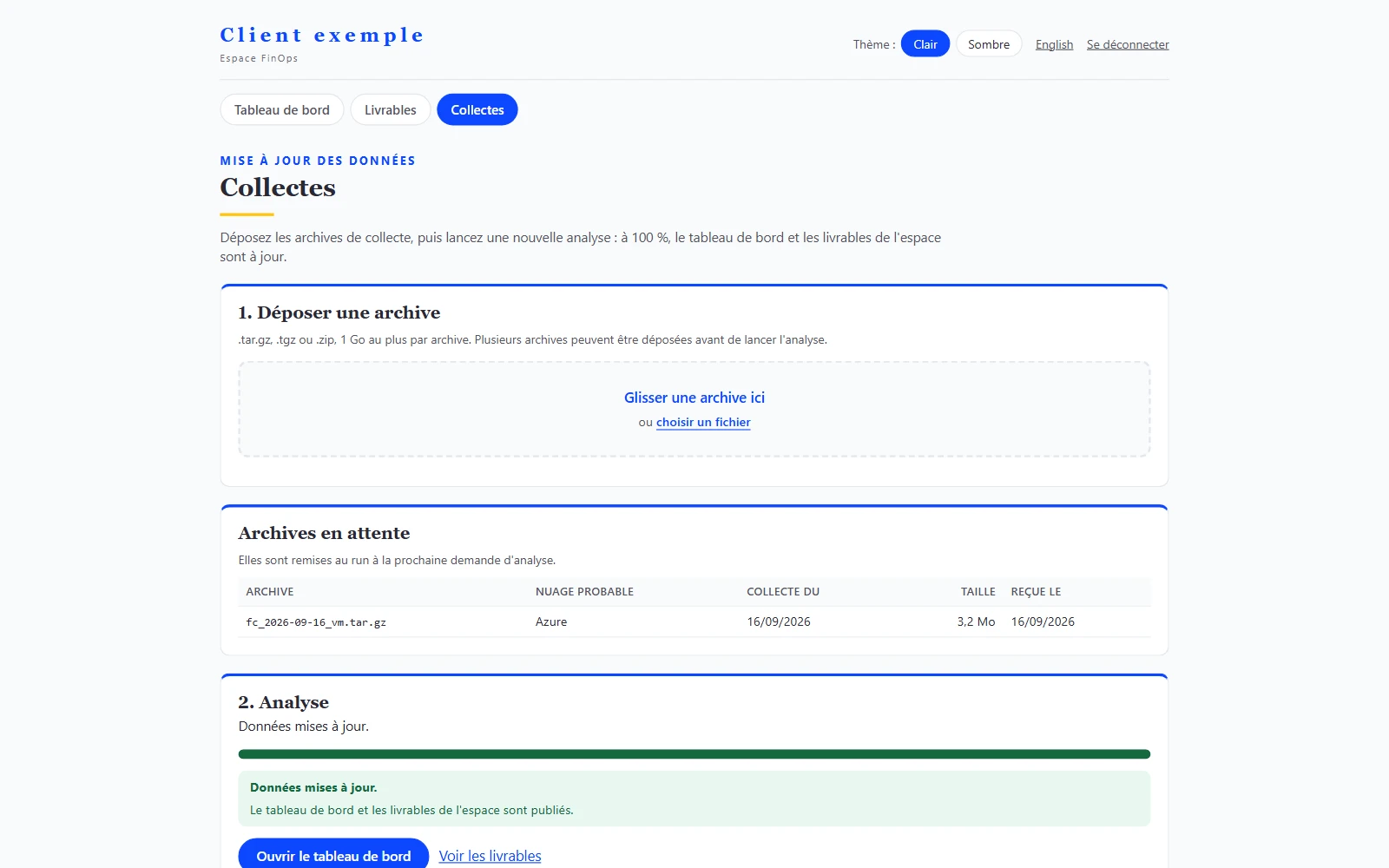Onglet Collectes de l'espace client sur données synthétiques : dépôt des archives de collecte, archive en attente, état de la dernière analyse et résultat par archive.