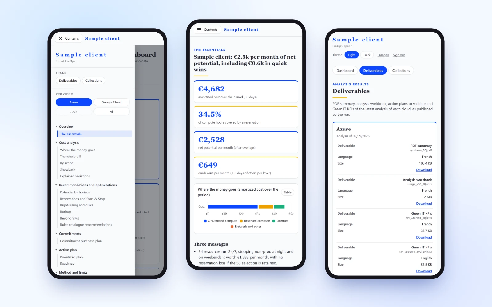 Three views of the app on a phone, on synthetic data: open menu with the provider selector, overview and deliverables.