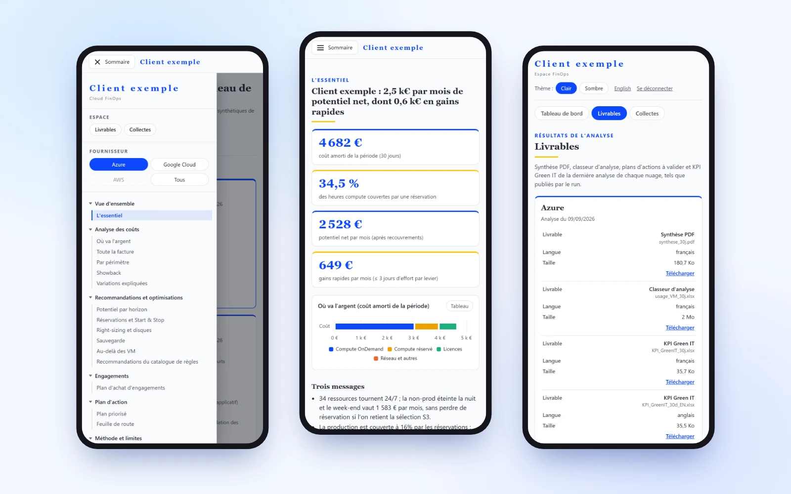 Trois vues de l'application sur téléphone, sur données synthétiques : menu ouvert avec le sélecteur de fournisseur, vue d'ensemble et livrables.