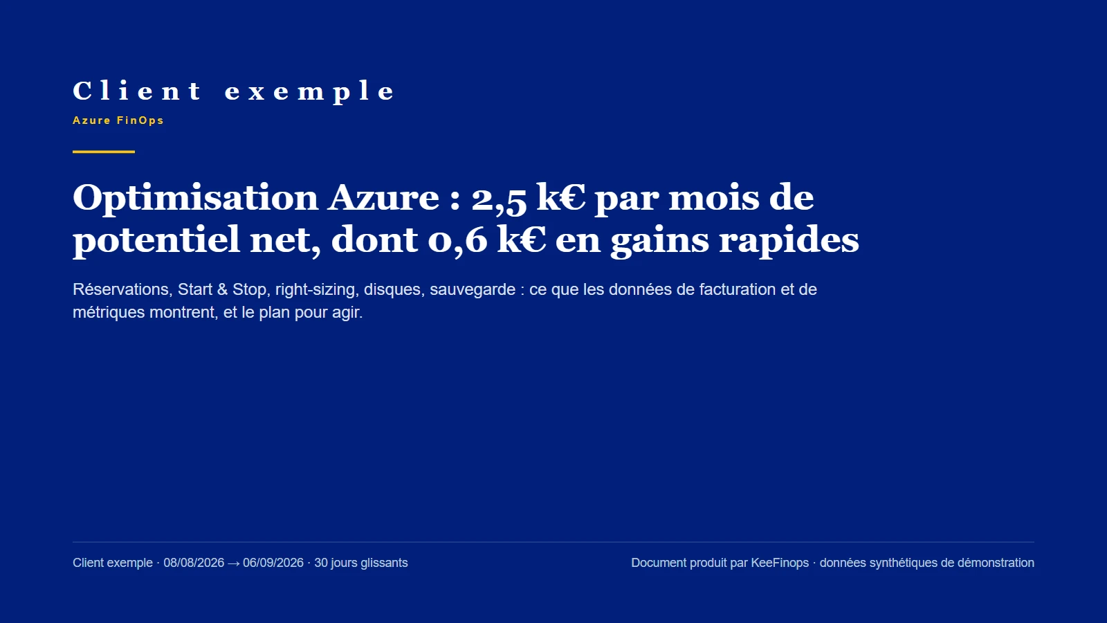 Page de titre de la synthèse PDF de l'exemple de livrable d'audit : « Client exemple », optimisation Azure, données synthétiques de démonstration.